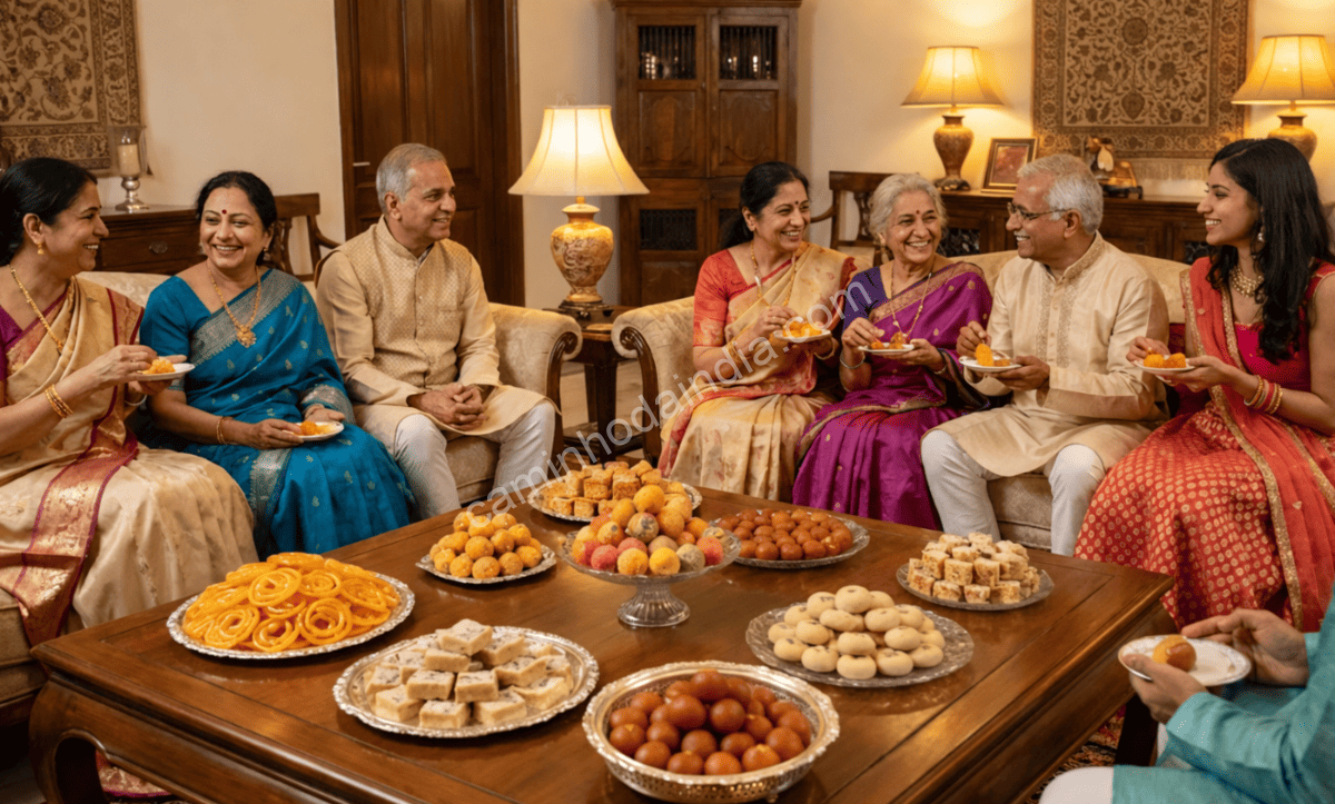 jalebi-celebracao-familiar-indiana-festividades Jalebi servido em uma celebração familiar indiana durante uma festividade