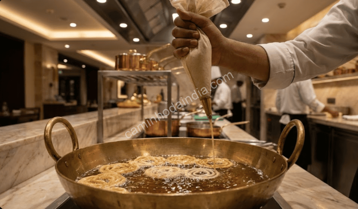 jalebi-formacao-espirais-oleo-quente-preparo Formação das espirais de jalebi sendo desenhadas no óleo quente