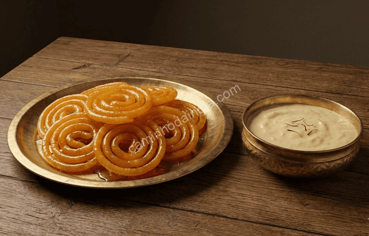jalebi-servido-com-rabri-sobremesa-tradicional Jalebi servido com rabri, sobremesa tradicional cremosa à base de leite