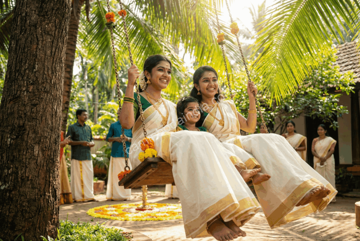 Jovens mulheres brincam em um balanço tradicional durante as celebrações de Onam em Kerala