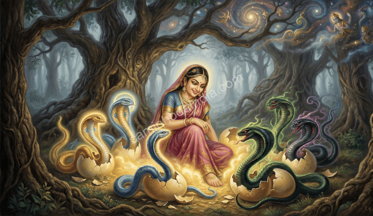 adru observando feliz enquanto os nagas saem de seus ovos