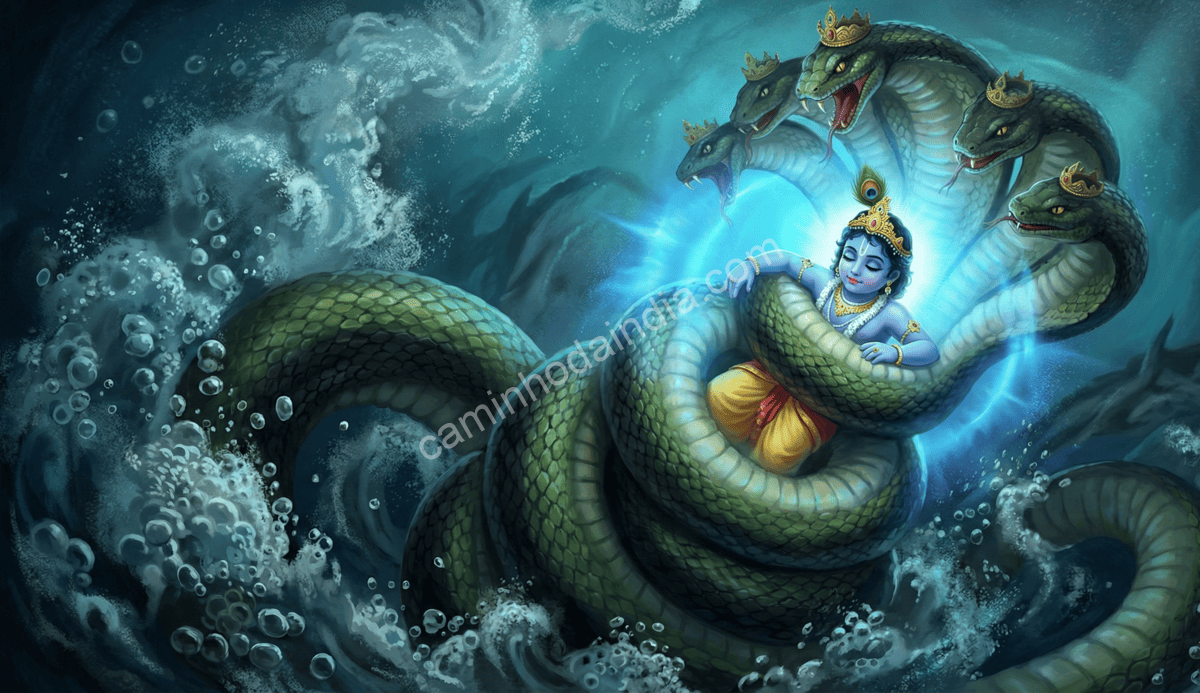 Kaliya enroscando-se em Krishna e tentando tirar sua vida