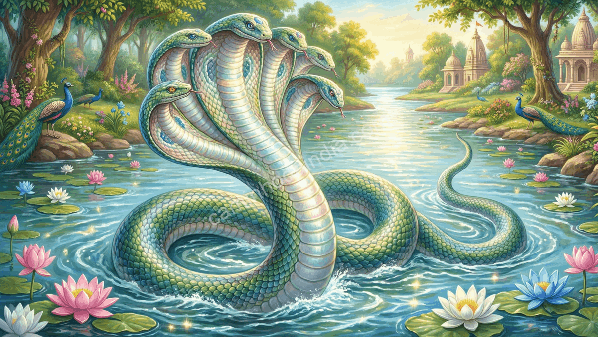 Kaliya entrando no rio Yamuna, a serpente venenosa associada às águas escuras do rio