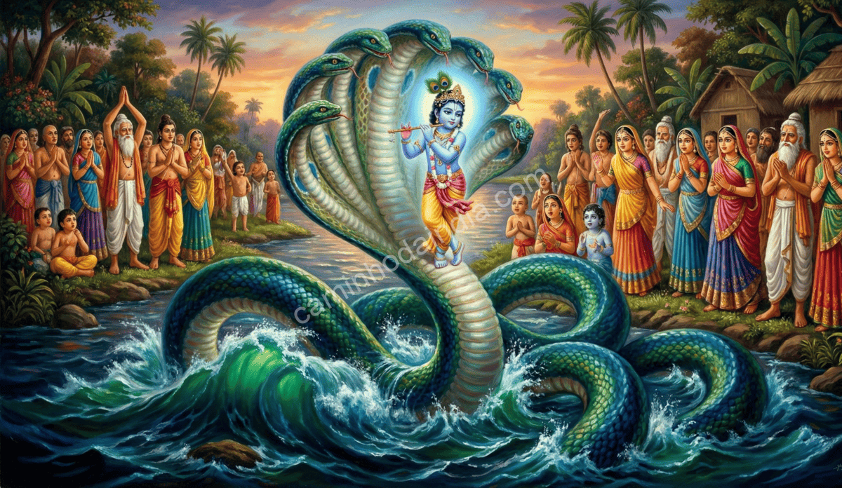 Kaliya reconhecendo o poder de Krishna enquanto os aldeões observam admirados