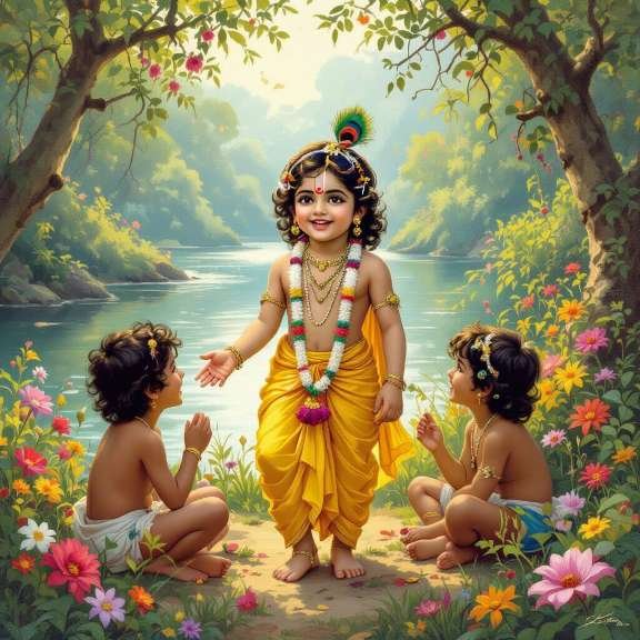 krishna-brincando-com-amigos Krishna brincando alegremente com seus amigos, cercado por diversão e risos