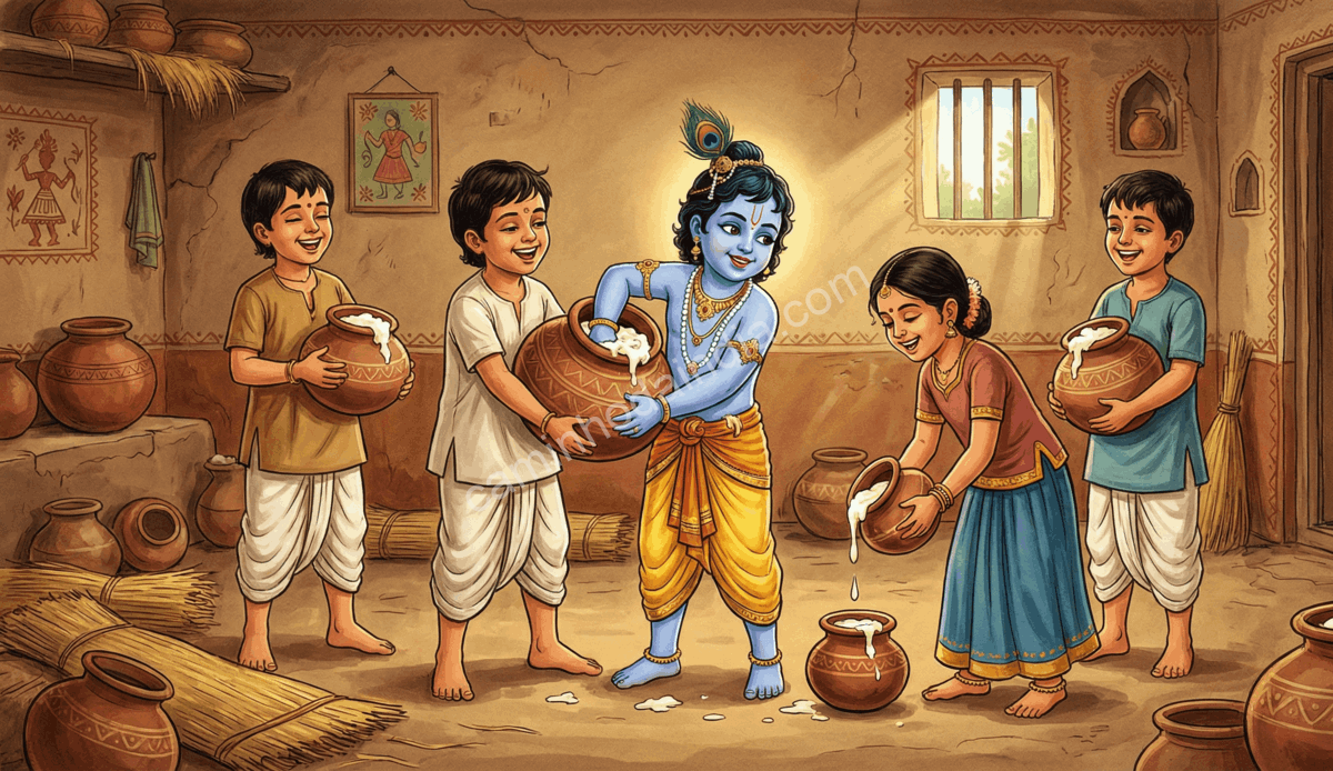 Em Vrindavan, Krishna criança rouba manteiga junto com seus amigos, em uma cena que simboliza alegria, inocência e o vínculo afetuoso entre o divino e a vida simples da aldeia