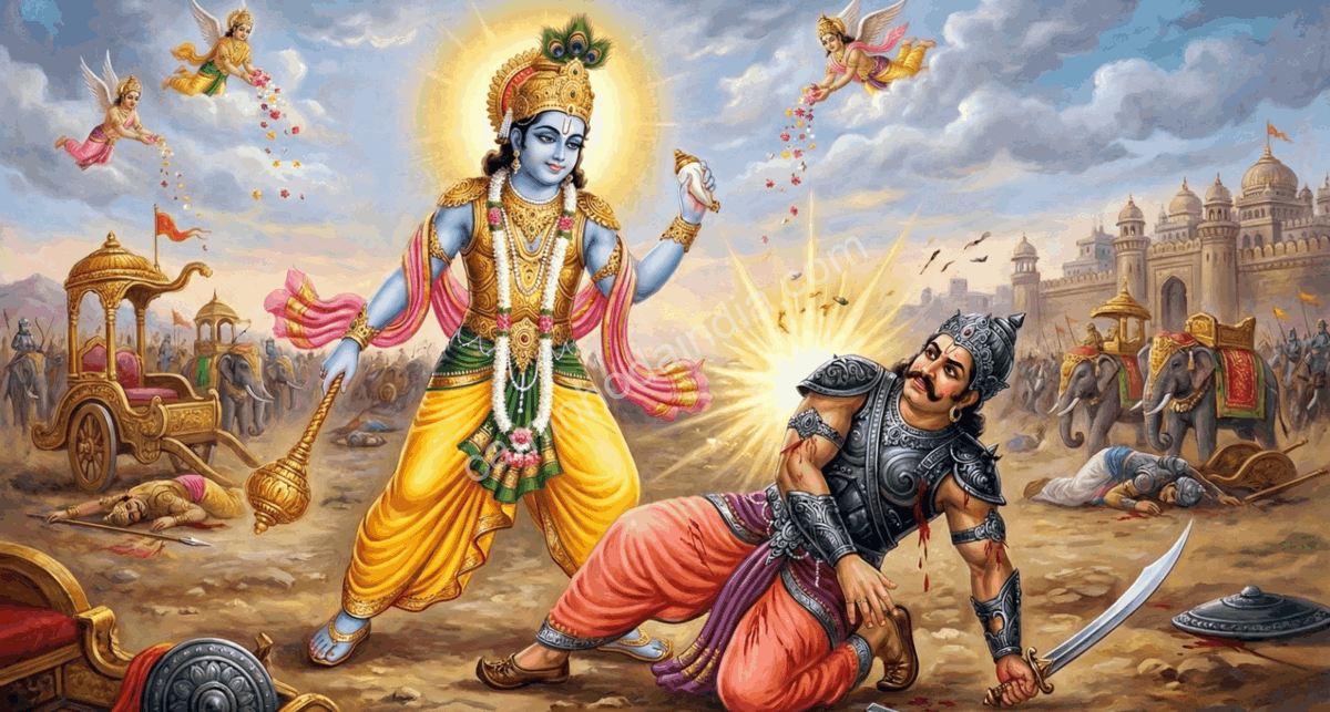 Krishna derrota Narakasura em batalha, um episódio associado à celebração de Diwali e à vitória do bem sobre o mal