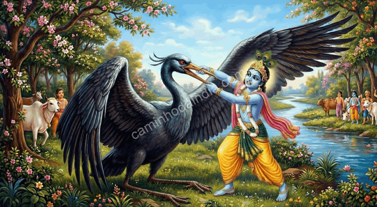 Krishna vence o demônio Bakasura, que havia assumido a forma de uma garça, restaurando a paz e protegendo os habitantes de Vrindavan