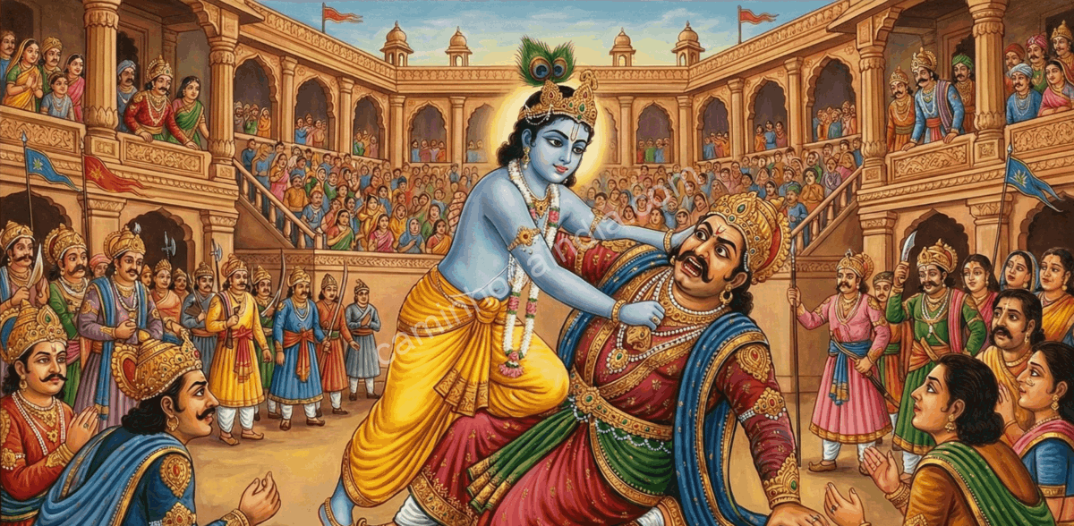 Krishna derrotando Kamsa na arena de Mathura, pondo fim ao governo tirânico que causou sofrimento ao povo