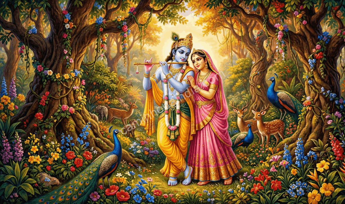 Krishna e Radha em Vrindavan, representados juntos em um cenário sagrado que simboliza amor, devoção e harmonia espiritual