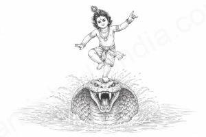 A serpente Kaliya em sua forma feroz e krishna dançando