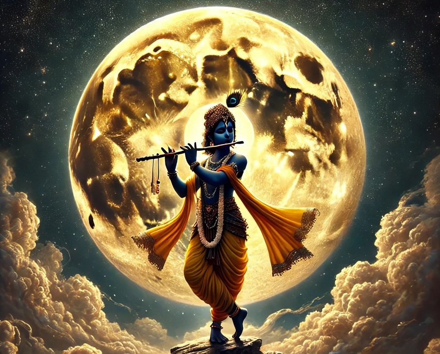 krishna-moon Krishna em trajes divinos, tocando flauta enquanto a lua cheia ilumina a noite