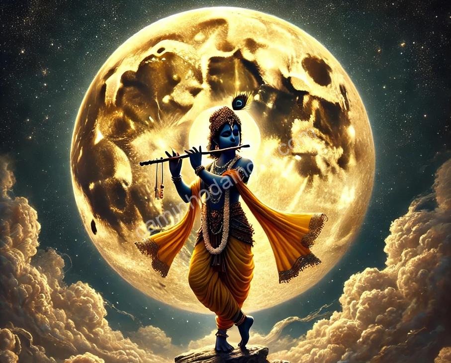 krishna-moon Krishna em trajes divinos, tocando flauta enquanto a lua cheia ilumina a noite