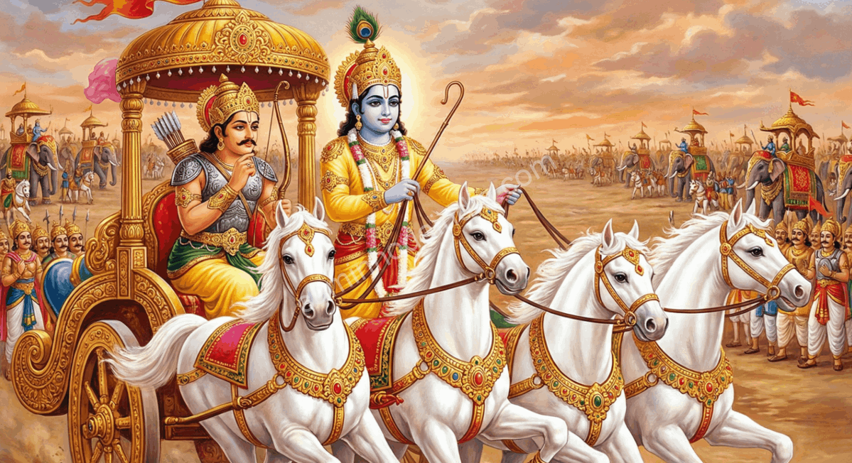 krishna-orientando-arjuna-mentor-cocheiro-bhagavad-gita-kurukshetra Krishna orientando Arjuna como mentor e cocheiro no campo de batalha de Kurukshetra, transmitindo ensinamentos espirituais que deram origem ao Bhagavad Gita