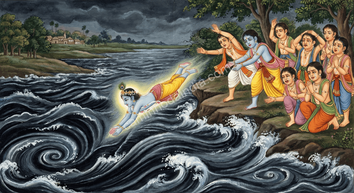 Krishna pulando nas águas do rio Yamuna enquanto seus amigos assistem em choque