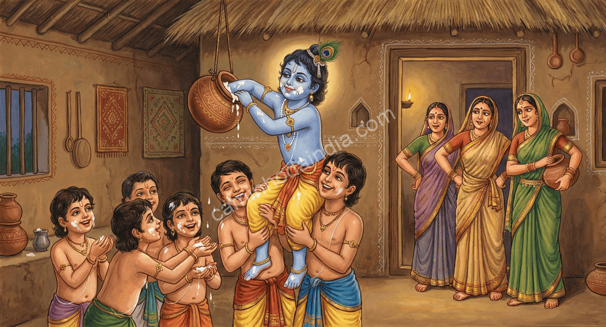 Krishna roubando manteiga com seus amigos enquanto as gopis observam