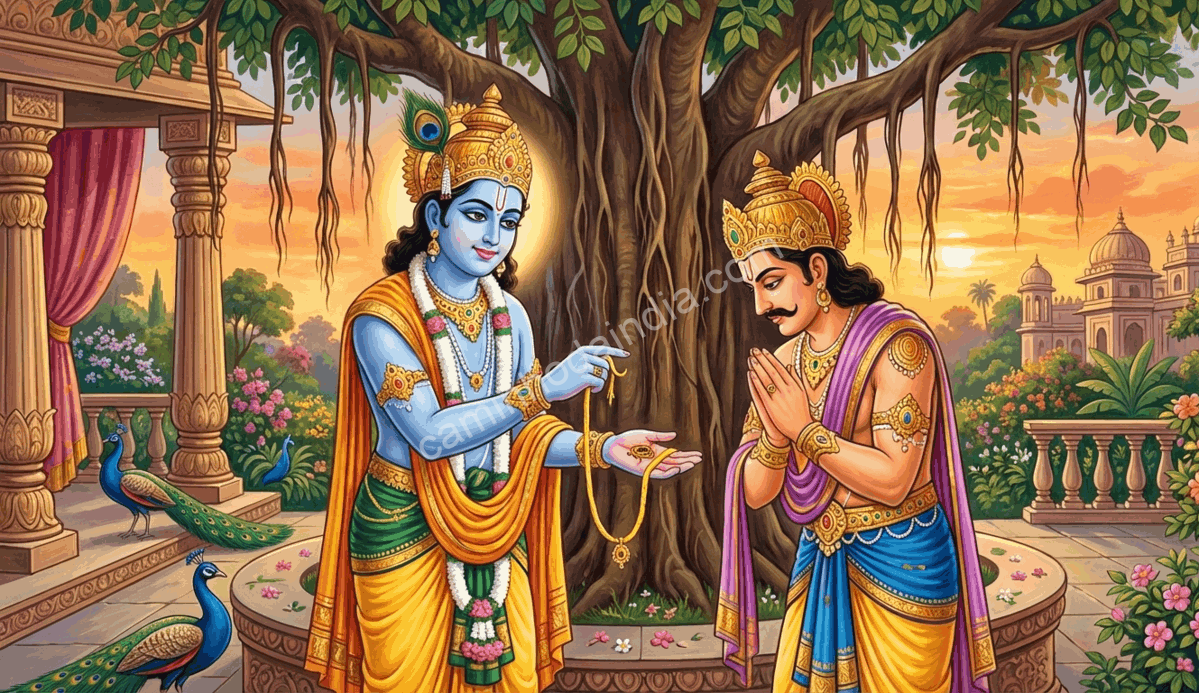 Krishna orienta Yudhishthira em um momento de reflexão moral, simbolizando proteção, dever e confiança no dharma antes de desafios decisivos