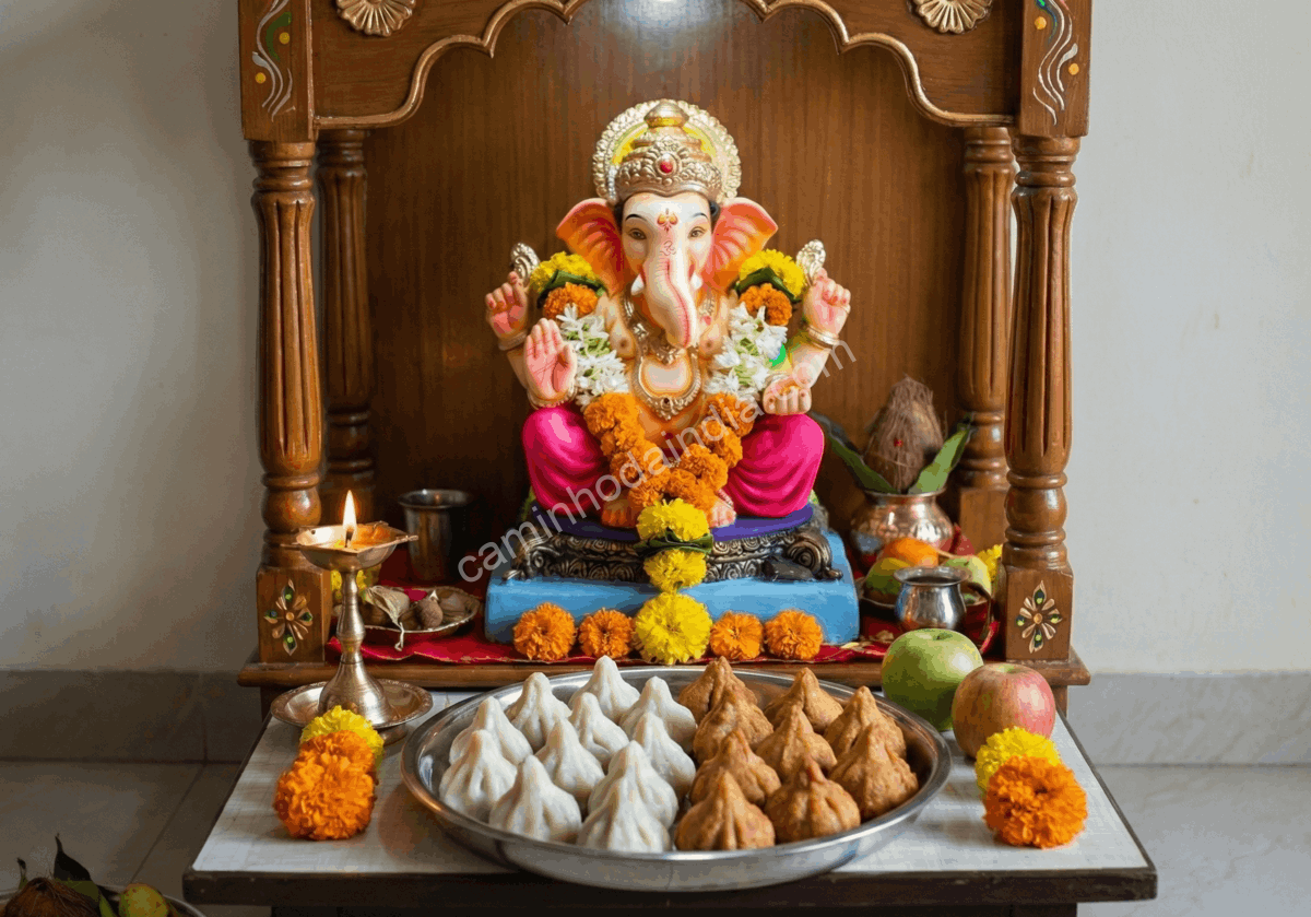 Modak, considerado o prato favorito de Ganesha, servido diante do ídolo antes de ser distribuído como prasad