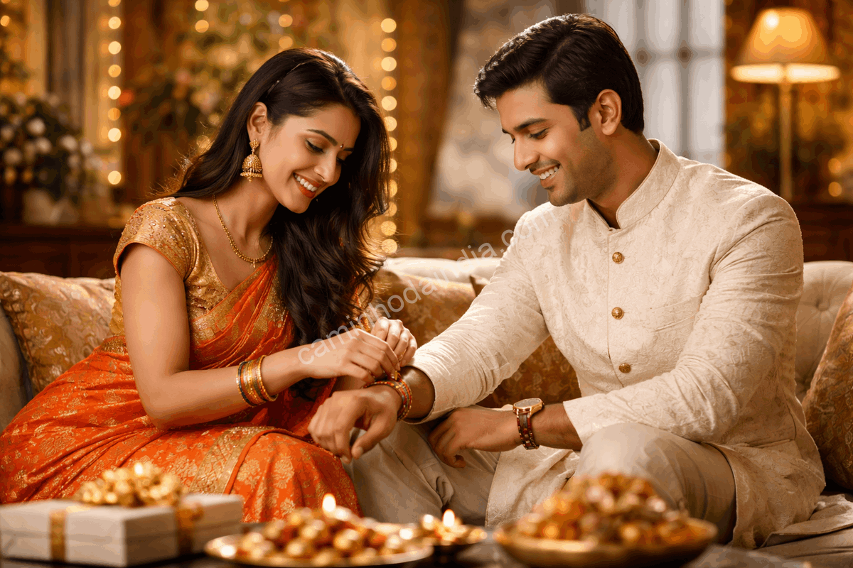 Uma mulher amarra um rakhi no pulso de seu irmão durante a celebração do Raksha Bandhan