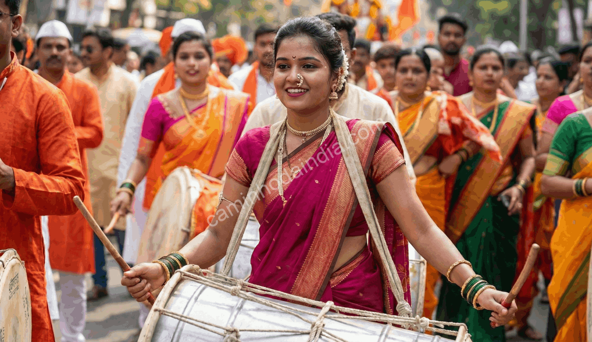 Mulher tocando dhol durante a procissão do Ganesh Chaturthi