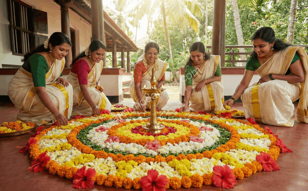 mulheres-criando-pookalam-onam Mulheres criam um pookalam com flores coloridas durante as celebrações de Onam em Kerala