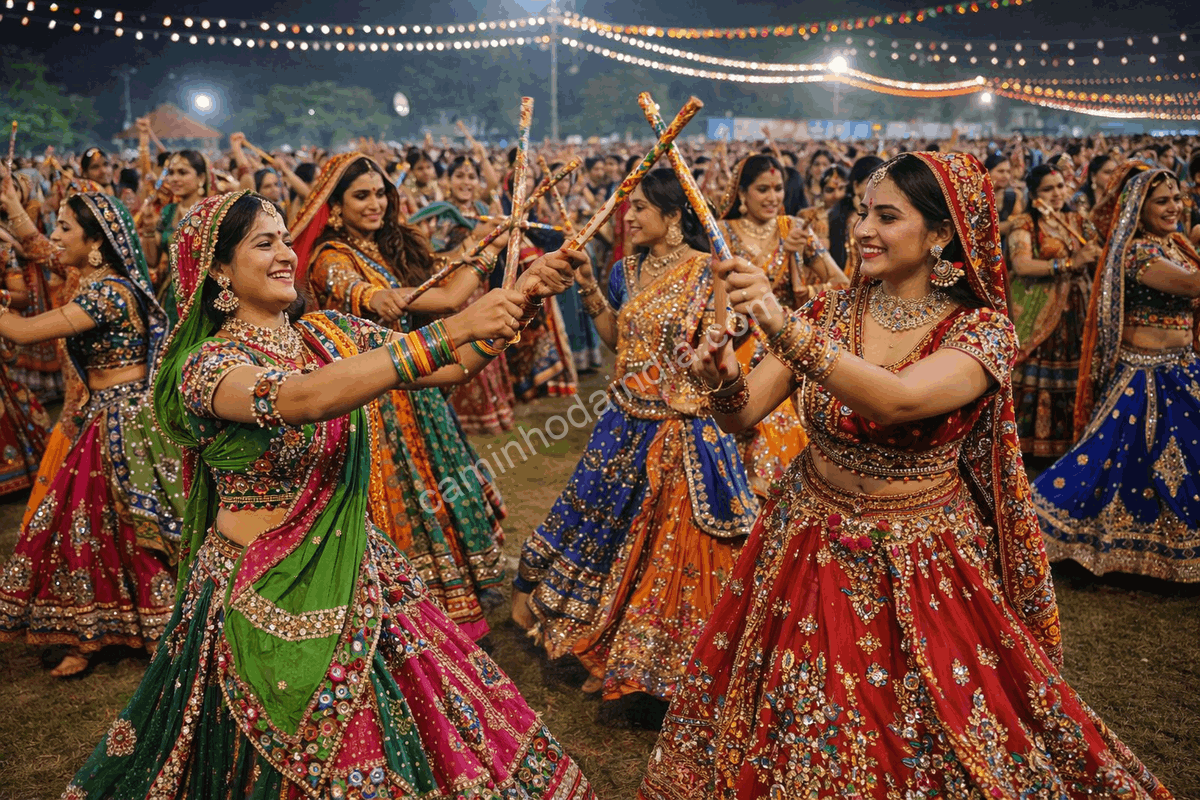 Mulheres celebram o Janmashtami em Gujarat com a dança dandiya, expressando devoção, alegria e tradição por meio da música e do movimento coletivo