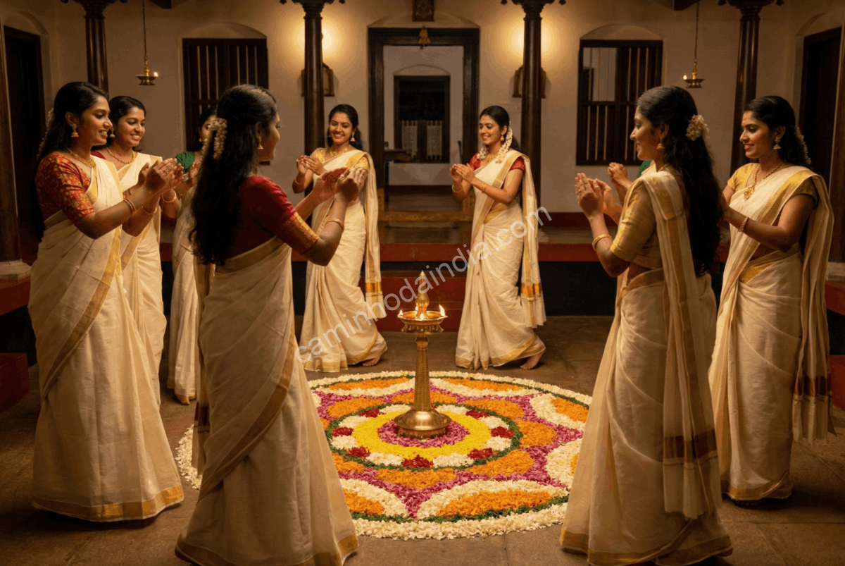 Mulheres dançam Kaikottikali durante as celebrações de Onam em Kerala