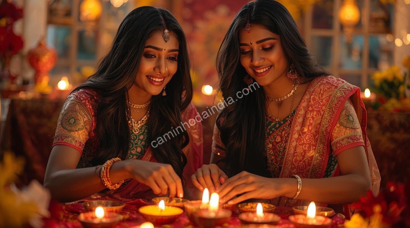 mulheres-diyas Mulheres arrumando diyas durante Diwali o Festival das Luzes