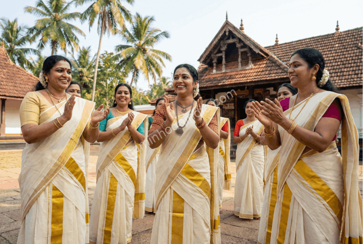 Grupo de mulheres reunidas do lado de fora de um templo após o encerramento das celebrações de Onam