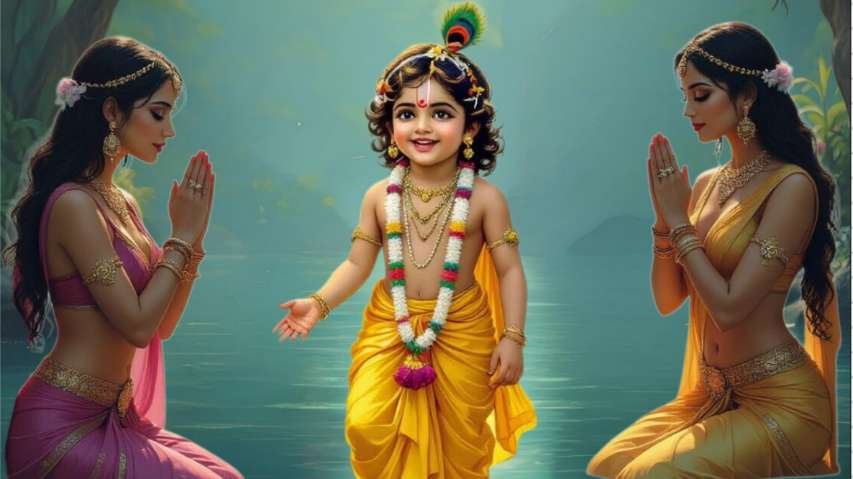 naginas-curvando-se-diante-de-krishna Naginas curvando-se respeitosamente diante de Krishna, mostrando devoção e reverência