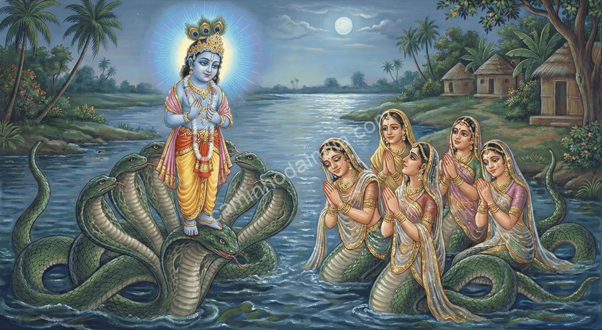 naginas-esposas-de-kaliya-pedem-perdao-a-krishna As naginas, esposas de Kaliya, pedindo a Krishna que perdoe Kaliya