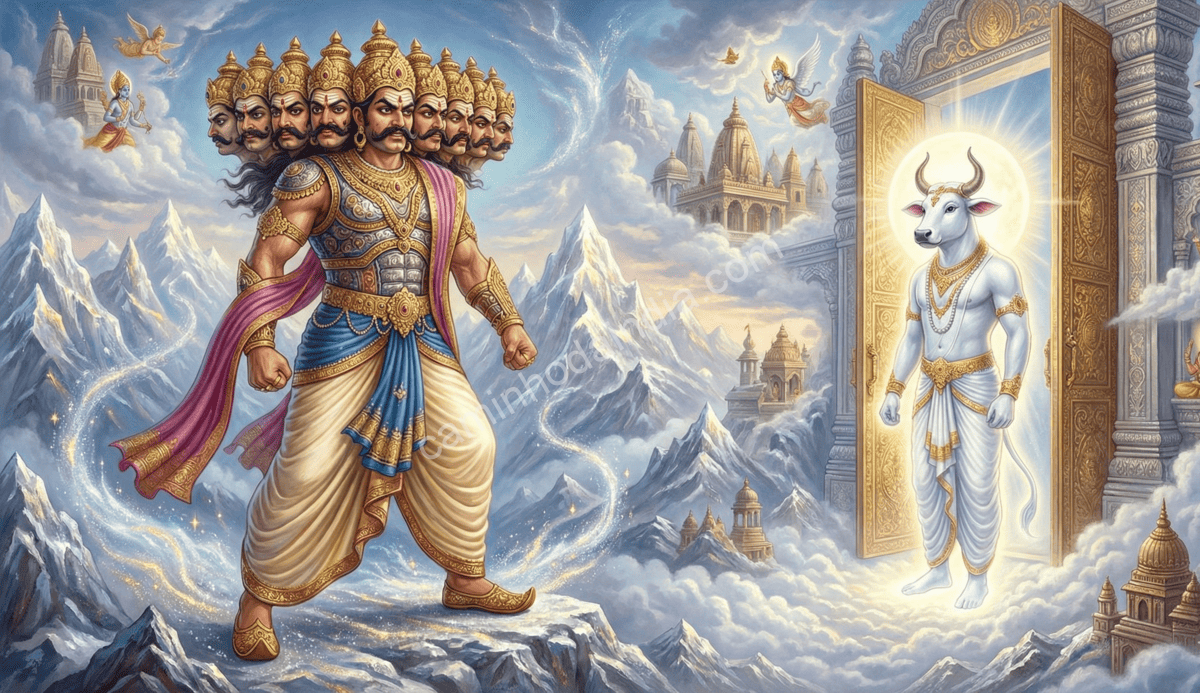 Nandi amaldiçoando Ravana por sua ignorância