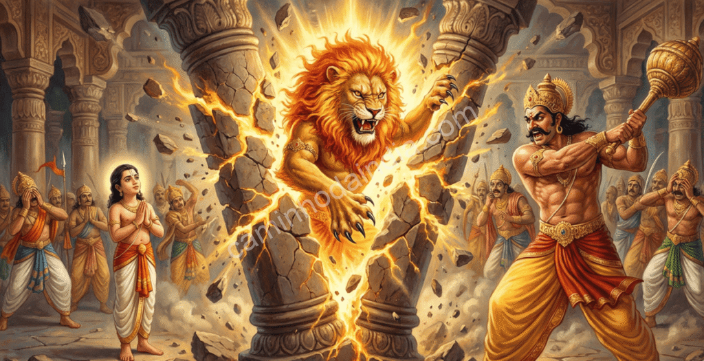 narasimha-surge-da-coluna-golpeada-por-hiranyakashipu Narasimha emerge da coluna após Hiranyakashipu golpeá-la com sua maça