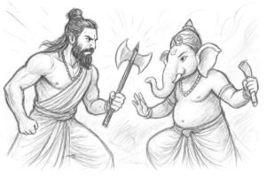 Parashurama lutando contra Ganpati, mostrando intensidade e energia divina no confronto