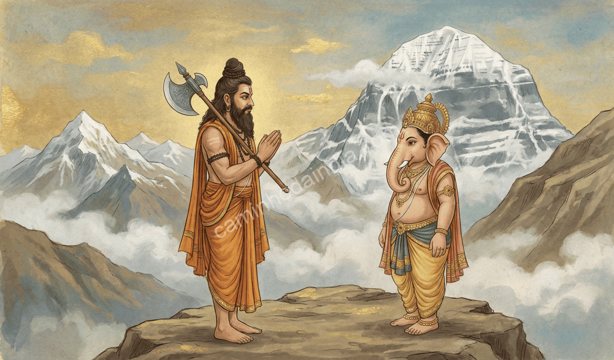 parashurama-e-ganesha-venenando-se-mutualmente Parashurama e Ganesha reverenciando-se mutuamente