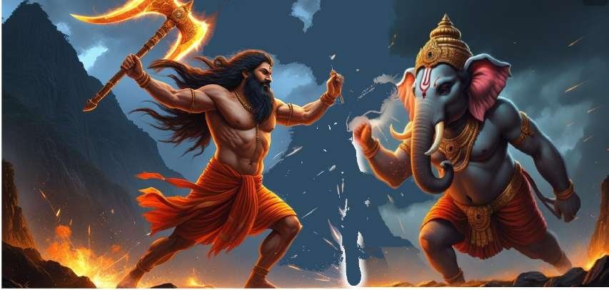 parashurama-e-ganpati-luta-intensa-na-kailasa Parashurama e Ganpati em uma batalha intensa, refletindo coragem, destreza e energia celestial