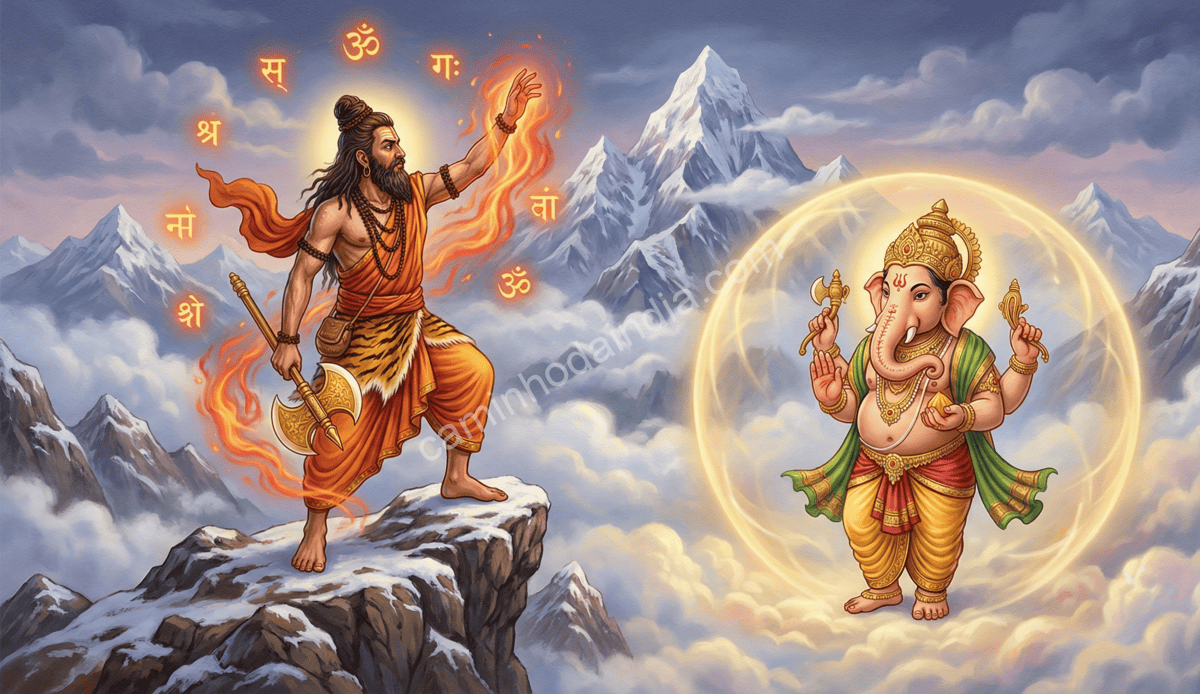 parashurama-entoadando-mantras-e-lancando-armas-sobre-ganesha-protegendo-se Parashurama entoando mantras e lançando suas armas enquanto Ganesha se protege