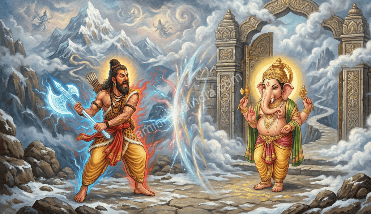 parashurama-impaciente-decide-lancar-parashu-em-ganesha Parashurama impaciente decidindo lançar seu parashu contra Ganesha