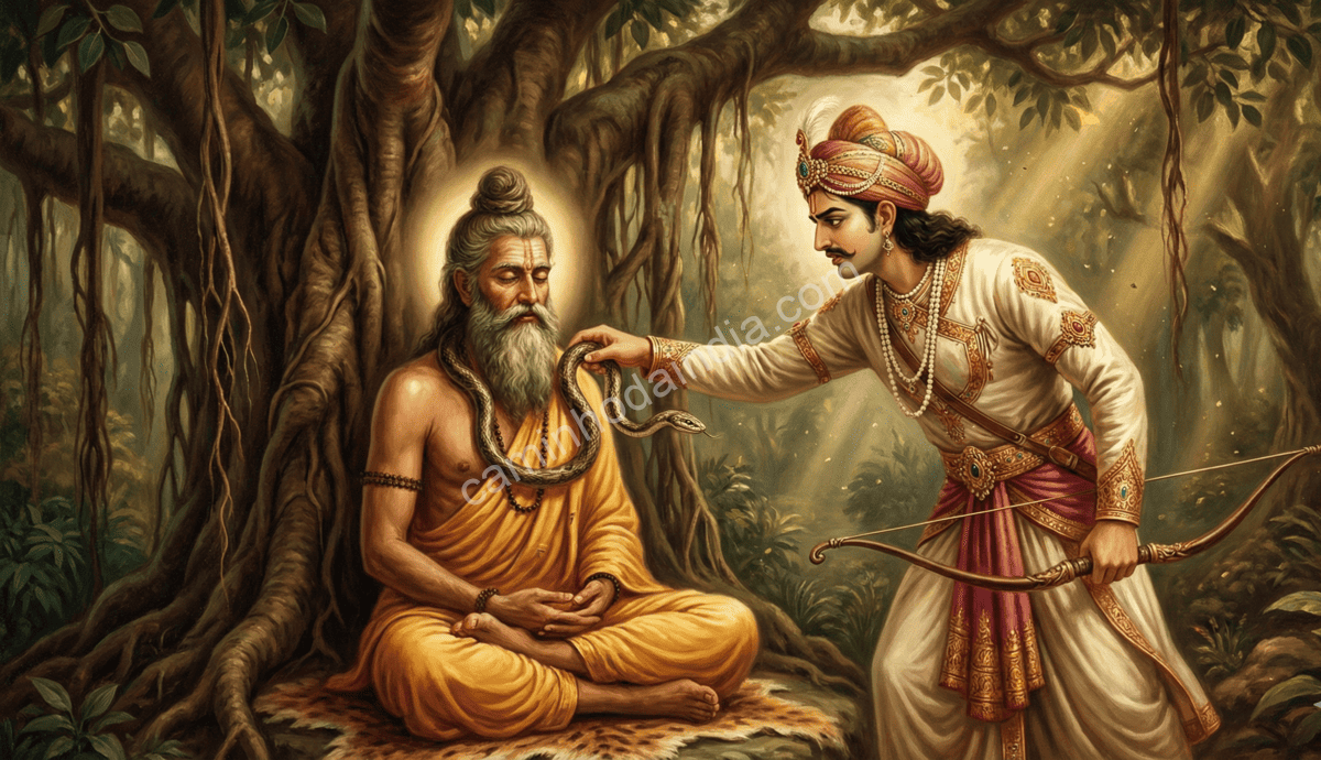 parikshit-colocando-cobra -Samika-meditacao Sarpa Satra Janamejaya