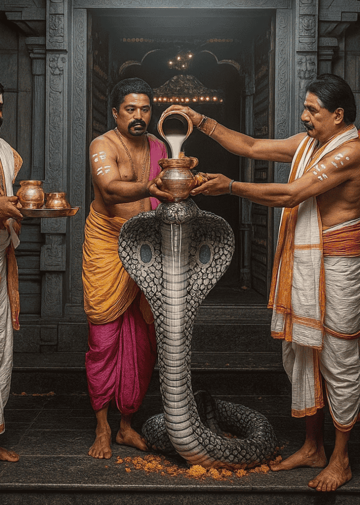 poojaris-oferecendo-leite-cobra-templo naag panchami