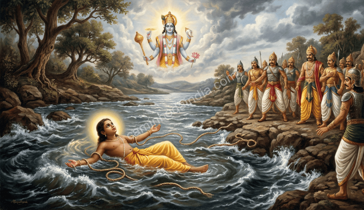 Prahlada é milagrosamente liberto das cordas enquanto é lançado no rio