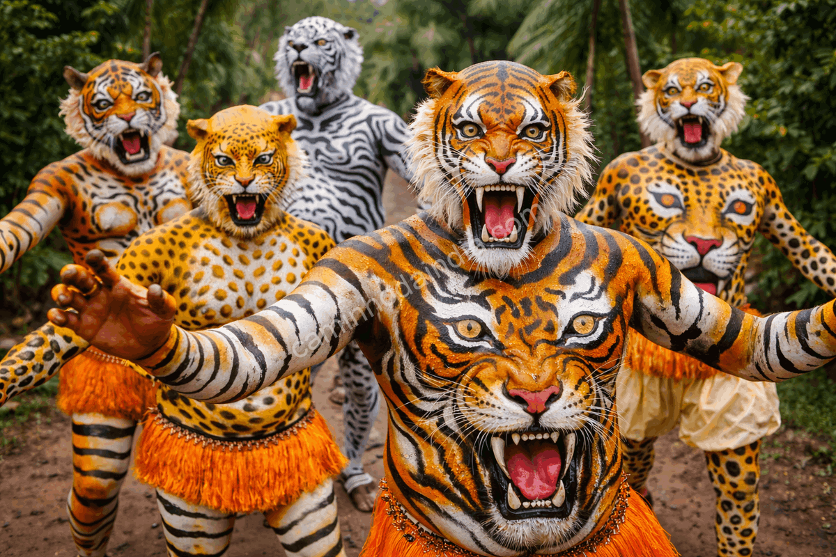 Artistas pintados como tigres participam do Pulikali durante as celebrações de Onam em Kerala