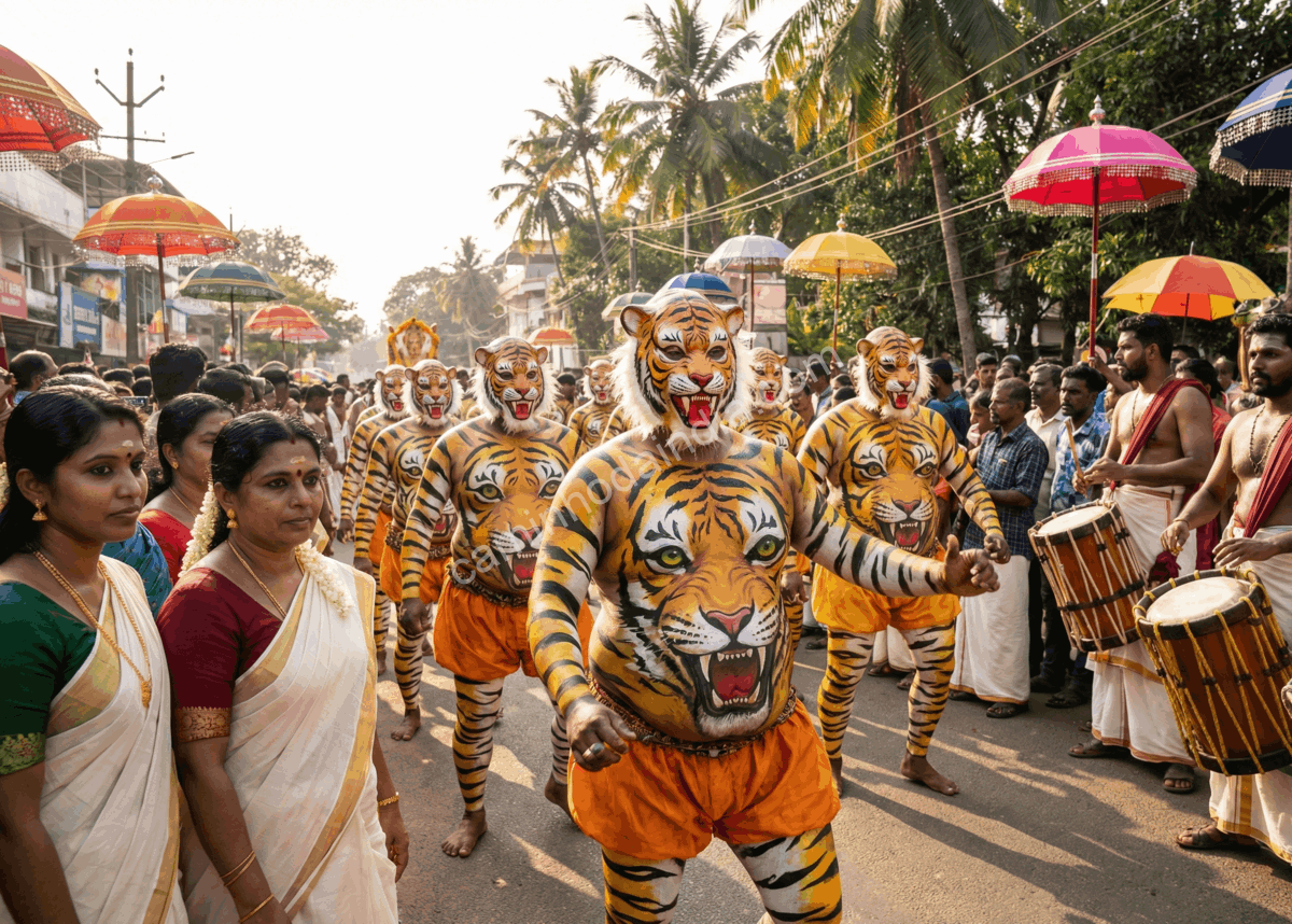 pulikali-durante-athachamayam-kerala Pulikali apresentado durante o festival de Athachamayam em Kerala, com artistas pintados como tigres