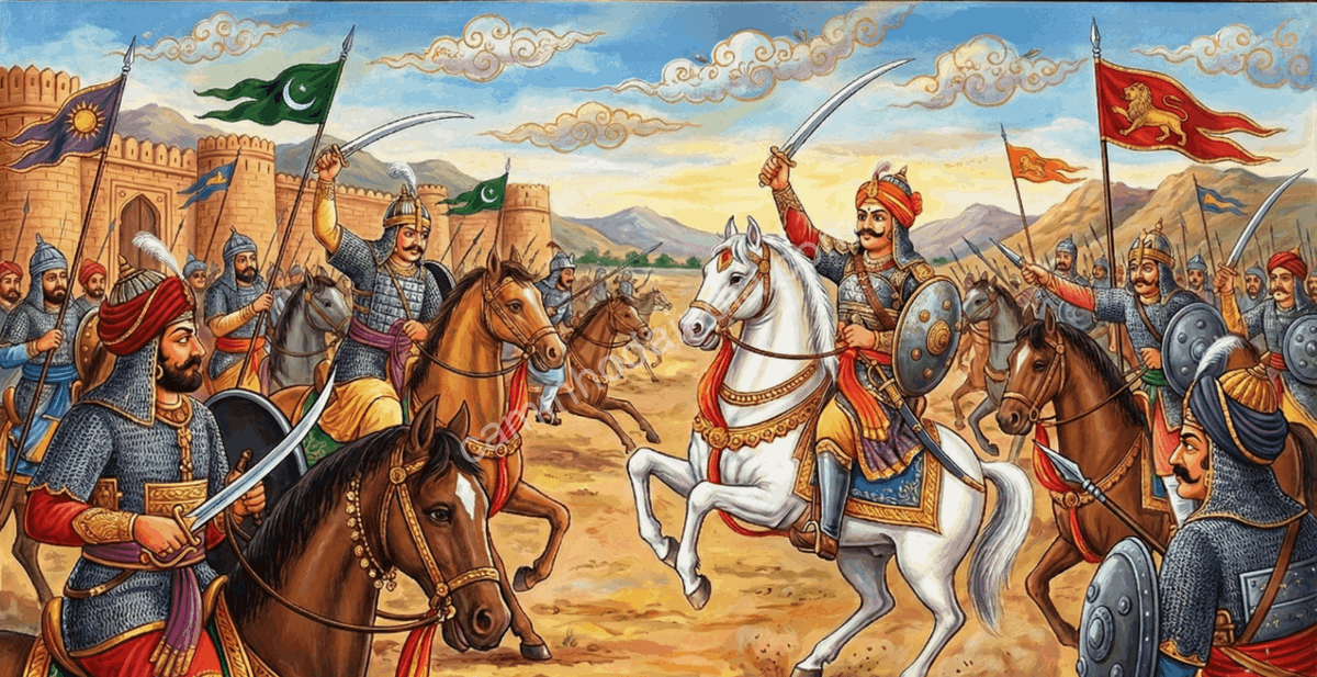 Ilustração histórica de guerreiros rajputs do Rajasthan enfrentando invasores do Império Mogol em batalha