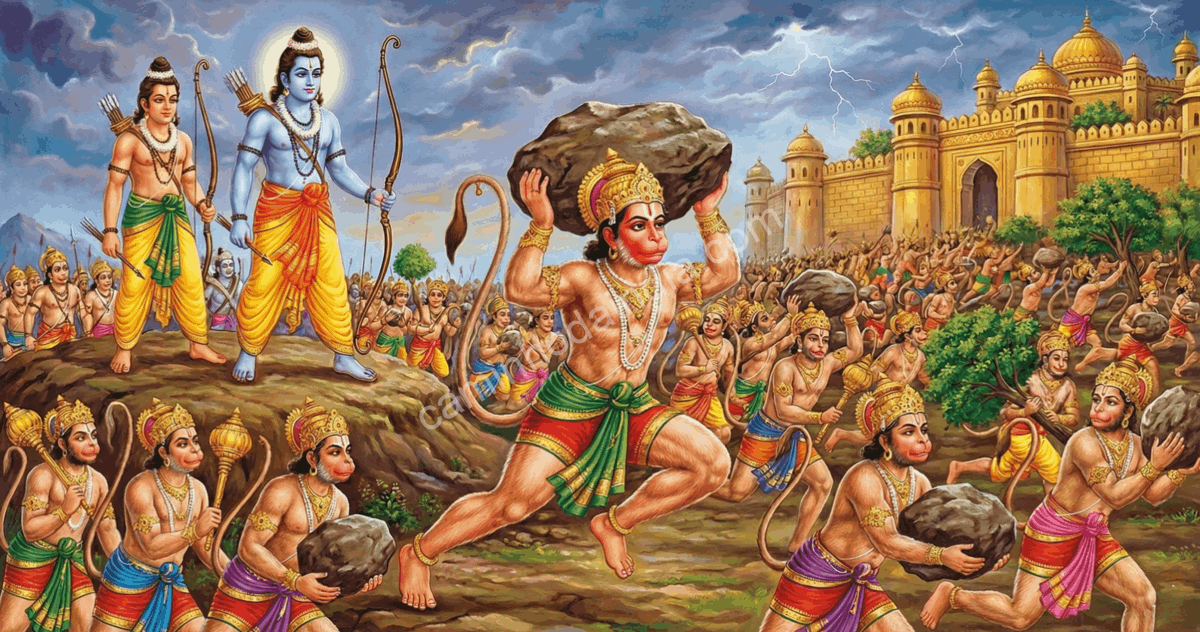 rama-lakshmana-hanuman-vanara-sena-ataque-lanka Rama, Lakshmana e Hanuman lideram o exército dos vanaras no ataque a Lanka para resgatar Sita, conforme narrado no Ramayana
