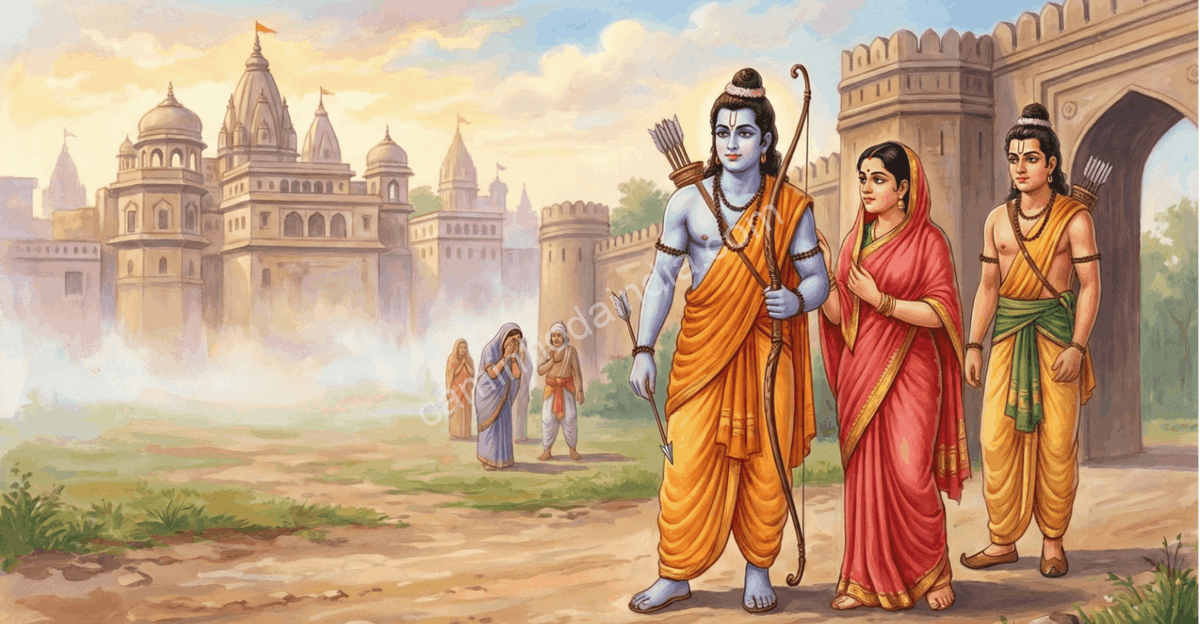 Rama parte de Ayodhya para um exílio de 14 anos acompanhado por Sita e Lakshmana, um episódio central do Ramayana que simboliza dever, renúncia e fidelidade ao dharma.