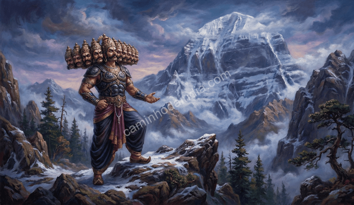 Ravana chegando ao Monte Kailasa e contemplando as montanhas sagradas