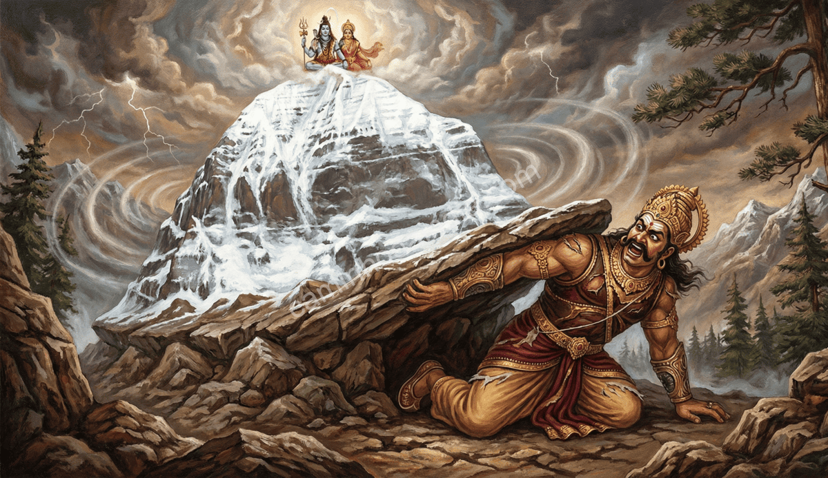 Ravana gritando de dor sob o peso do Monte Kailasa e recitando o Shiv Tandav Stotram para apaziguar Shiva