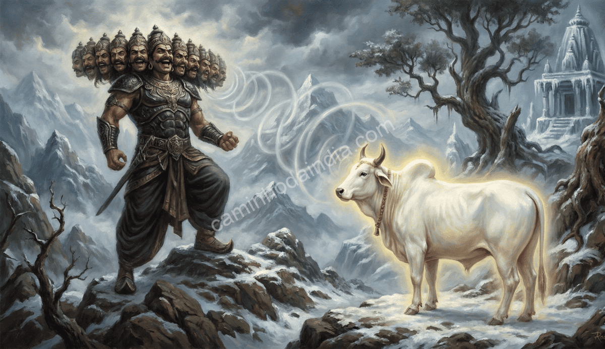 Ravana rindo ao ver Nandi em sua forma de touro no Kailasa