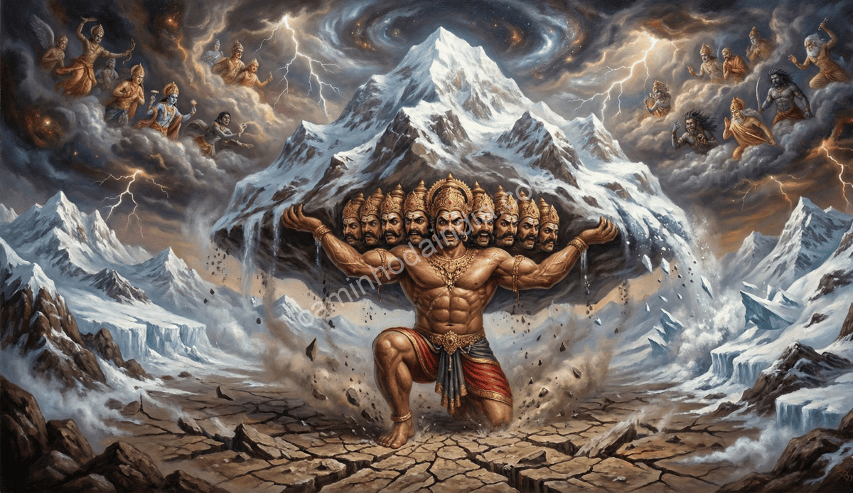 Ravana tentando erguer o Monte Kailasa para impressionar Shiva